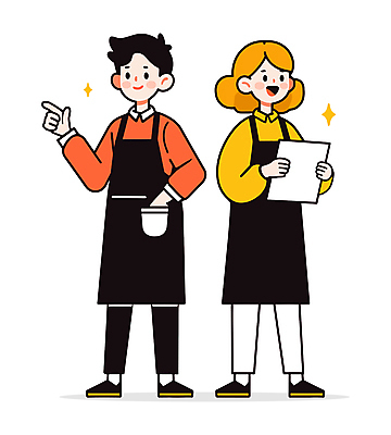 전신 여자 남자 인물캐릭터 일러스트 협력 미소 들기 성인 두명 빨간색 반짝임 노란색 앞치마 가리킴 주머니손 아르바이트 성인만 일러캐릭터 AI파일 캐릭터 컬러 모션 표정 사람 손짓 파일형식 벡터