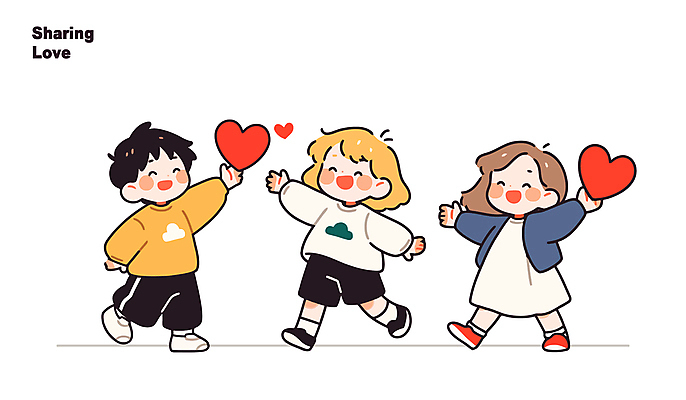 전신 여자 남자 행복 어린이 인물캐릭터 일러스트 사랑 들기 소녀 소년 세명 친구 우정 하트 손뻗기 어린이만 일러캐릭터 AI파일 모양 캐릭터 감정 관계 모션 사람 파일형식 벡터