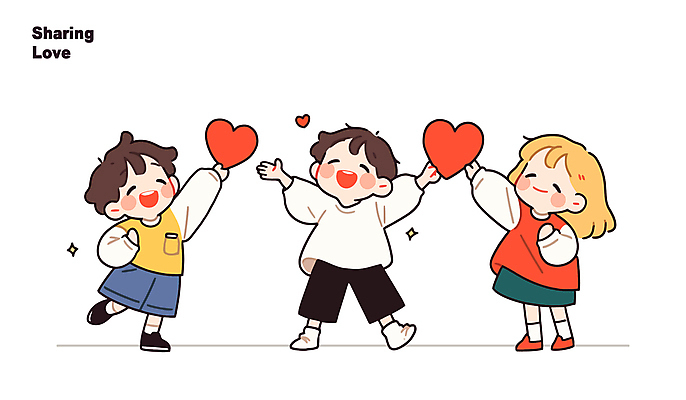 전신 여자 남자 행복 어린이 인물캐릭터 일러스트 사랑 들기 소녀 소년 세명 친구 우정 하트 손뻗기 어린이만 일러캐릭터 AI파일 모양 캐릭터 감정 관계 모션 사람 파일형식 벡터