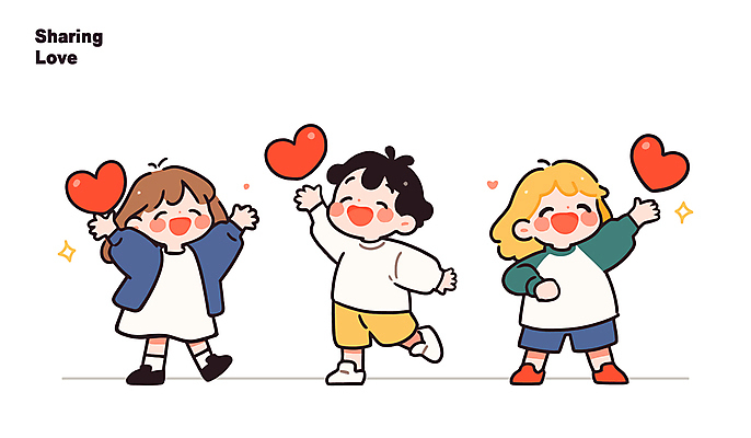 전신 여자 남자 행복 어린이 인물캐릭터 일러스트 사랑 들기 소녀 소년 세명 친구 우정 하트 손뻗기 어린이만 일러캐릭터 AI파일 모양 캐릭터 감정 관계 모션 사람 파일형식 벡터