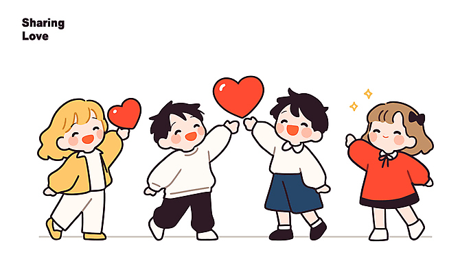 전신 여자 남자 행복 어린이 인물캐릭터 일러스트 사랑 미소 웃음 들기 소녀 소년 여러명 친구 손들기 우정 하트 손뻗기 어린이만 일러캐릭터 AI파일 모양 캐릭터 감정 다수 관계 모션 표정 사람 파일형식 벡터