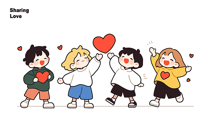 전신 여자 남자 행복 어린이 인물캐릭터 일러스트 사랑 미소 웃음 들기 소녀 소년 여러명 친구 손들기 우정 하트 손뻗기 어린이만 일러캐릭터 AI파일 모양 캐릭터 감정 다수 관계 모션 표정 사람 파일형식 벡터