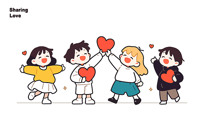 전신 여자 남자 행복 어린이 인물캐릭터 일러스트 사랑 미소 웃음 들기 소녀 소년 여러명 친구 우정 하트 손뻗기 어린이만 일러캐릭터 AI파일 모양 캐릭터 감정 다수 관계 모션 표정 사람 파일형식 벡터