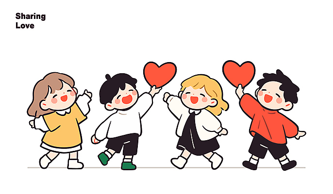 전신 여자 남자 행복 어린이 인물캐릭터 일러스트 사랑 미소 웃음 들기 소녀 소년 여러명 친구 우정 하트 손뻗기 어린이만 일러캐릭터 AI파일 모양 캐릭터 감정 다수 관계 모션 표정 사람 파일형식 벡터