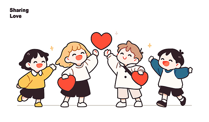 전신 여자 남자 행복 어린이 인물캐릭터 일러스트 사랑 미소 웃음 들기 소녀 소년 여러명 친구 반짝임 우정 하트 손뻗기 어린이만 일러캐릭터 AI파일 모양 캐릭터 감정 다수 관계 모션 표정 사람 파일형식 벡터