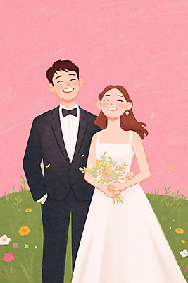JPG 여자 남자 꽃 행복 신부 분홍색 부케 웨딩드레스 신랑 결혼 일러스트 결혼식 사랑 미소 초원 상반신 성인 두명 로맨틱 들꽃 성인만 웨딩촬영 국내일러스트 AI일러스트 AI콘텐츠 식물 드레스 감정 컬러 꽃다발 컨셉 표정 사람 이벤트 기념사진 파일형식