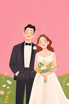 JPG 여자 남자 행복 신부 분홍색 부케 웨딩드레스 신랑 결혼 일러스트 결혼식 사랑 미소 초원 상반신 성인 두명 화관 로맨틱 들꽃 성인만 웨딩촬영 국내일러스트 AI일러스트 AI콘텐츠 드레스 꽃 감정 컬러 꽃다발 컨셉 표정 사람 이벤트 기념사진 파일형식