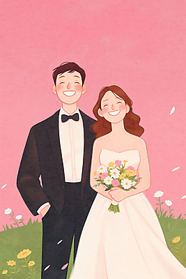 JPG 여자 남자 행복 신부 분홍색 부케 웨딩드레스 신랑 결혼 일러스트 결혼식 사랑 미소 웃음 초원 상반신 성인 두명 로맨틱 들꽃 성인만 웨딩촬영 국내일러스트 AI일러스트 AI콘텐츠 드레스 꽃 감정 컬러 꽃다발 컨셉 표정 사람 이벤트 기념사진 파일형식