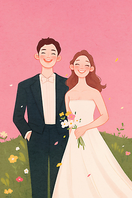 JPG 여자 남자 행복 신부 분홍색 부케 웨딩드레스 신랑 결혼 일러스트 결혼식 사랑 미소 초원 상반신 성인 두명 로맨틱 들꽃 성인만 웨딩촬영 국내일러스트 AI일러스트 AI콘텐츠 드레스 꽃 감정 컬러 꽃다발 컨셉 표정 사람 이벤트 기념사진 파일형식