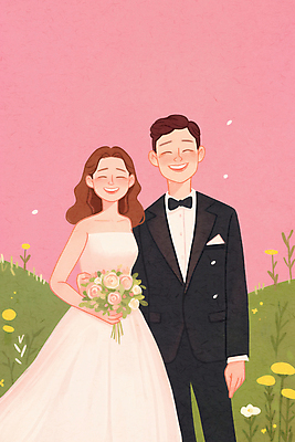 JPG 여자 남자 행복 신부 분홍색 부케 웨딩드레스 신랑 결혼 일러스트 결혼식 사랑 미소 초원 상반신 성인 두명 로맨틱 들꽃 성인만 웨딩촬영 국내일러스트 AI일러스트 AI콘텐츠 드레스 꽃 감정 컬러 꽃다발 컨셉 표정 사람 이벤트 기념사진 파일형식