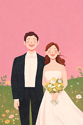 JPG 여자 남자 행복 신부 분홍색 부케 웨딩드레스 신랑 결혼 일러스트 결혼식 사랑 미소 웃음 초원 상반신 성인 두명 로맨틱 들꽃 성인만 웨딩촬영 국내일러스트 AI일러스트 AI콘텐츠 드레스 꽃 감정 컬러 꽃다발 컨셉 표정 사람 이벤트 기념사진 파일형식