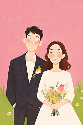 JPG 여자 남자 행복 신부 분홍색 부케 웨딩드레스 신랑 결혼 일러스트 결혼식 사랑 미소 초원 상반신 성인 두명 로맨틱 들꽃 브로치 성인만 웨딩촬영 국내일러스트 AI일러스트 AI콘텐츠 드레스 꽃 감정 컬러 꽃다발 컨셉 장신구 표정 사람 이벤트 기념사진 파일형식