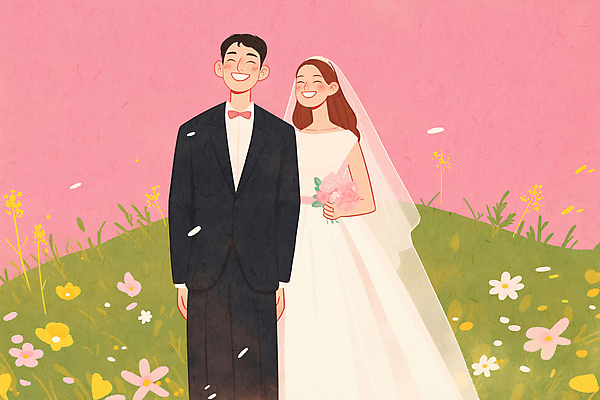 JPG 여자 남자 행복 신부 분홍색 부케 웨딩드레스 신랑 결혼 일러스트 결혼식 면사포 사랑 미소 웃음 초원 상반신 성인 두명 로맨틱 들꽃 성인만 웨딩촬영 국내일러스트 AI일러스트 AI콘텐츠 드레스 꽃 감정 컬러 꽃다발 컨셉 표정 사람 이벤트 결혼소품 기념사진 파일형식