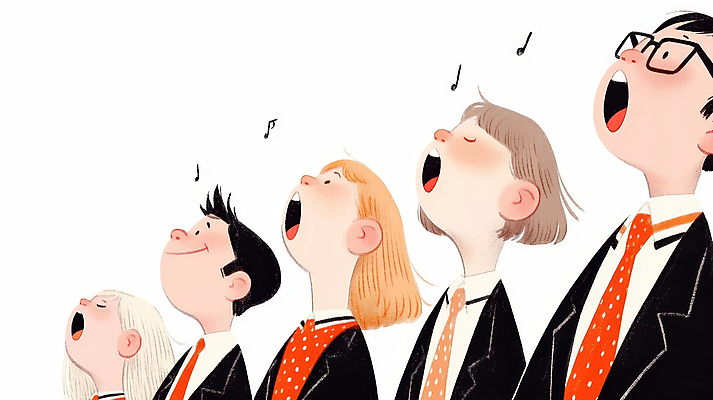 JPG 여자 남자 얼굴 음악 음표 일러스트 노래 넥타이 입벌림 정장 여러명 성인 눈감음 고개들기 합창 하모니 합창단 성인만 안경낌 국내일러스트 AI일러스트 AI콘텐츠 기호 잡화 옷 안경 다수 모션 문화예술 표정 사람 신체부위 그룹 파일형식