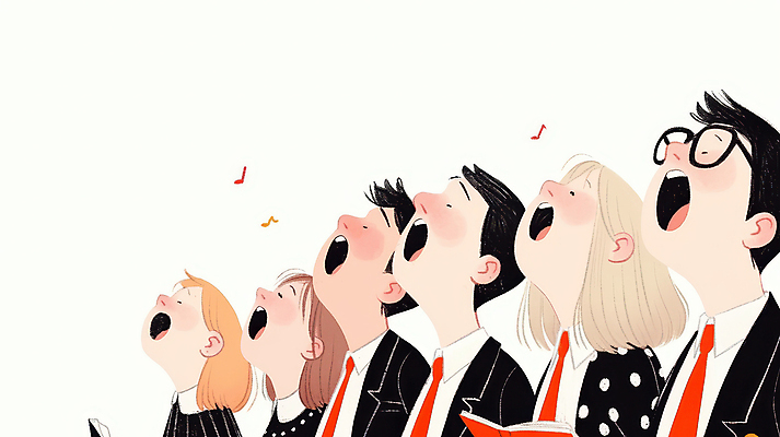 JPG 여자 남자 얼굴 음악 음표 일러스트 노래 넥타이 입벌림 정장 여러명 성인 눈감음 고개들기 합창 하모니 합창단 성인만 안경낌 국내일러스트 AI일러스트 AI콘텐츠 기호 잡화 옷 안경 다수 모션 문화예술 표정 사람 신체부위 그룹 파일형식