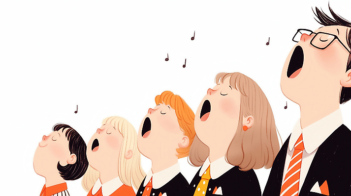 JPG 여자 남자 얼굴 음악 음표 일러스트 노래 넥타이 입벌림 정장 여러명 성인 눈감음 고개들기 합창 하모니 합창단 성인만 안경낌 국내일러스트 AI일러스트 AI콘텐츠 기호 잡화 옷 안경 다수 모션 문화예술 표정 사람 신체부위 그룹 파일형식