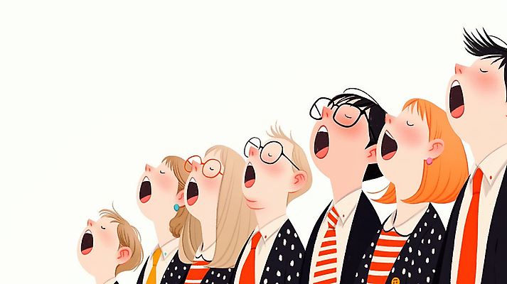 JPG 여자 남자 얼굴 음악 음표 일러스트 노래 넥타이 입벌림 정장 여러명 성인 눈감음 고개들기 합창 하모니 합창단 성인만 안경낌 국내일러스트 AI일러스트 AI콘텐츠 기호 잡화 옷 안경 다수 모션 문화예술 표정 사람 신체부위 그룹 파일형식