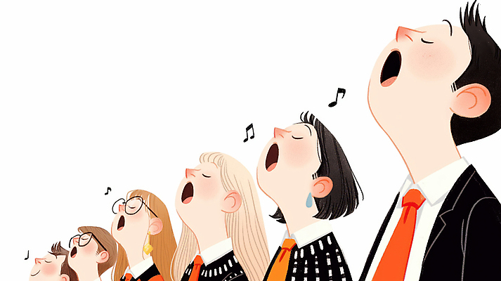JPG 여자 남자 얼굴 음악 음표 일러스트 노래 넥타이 입벌림 정장 여러명 성인 눈감음 고개들기 합창 하모니 합창단 성인만 안경낌 국내일러스트 AI일러스트 AI콘텐츠 기호 잡화 옷 안경 다수 모션 문화예술 표정 사람 신체부위 그룹 파일형식