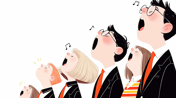 JPG 여자 남자 얼굴 음악 음표 일러스트 노래 넥타이 입벌림 정장 여러명 성인 눈감음 고개들기 합창 하모니 합창단 성인만 안경낌 국내일러스트 AI일러스트 AI콘텐츠 기호 잡화 옷 안경 다수 모션 문화예술 표정 사람 신체부위 그룹 파일형식
