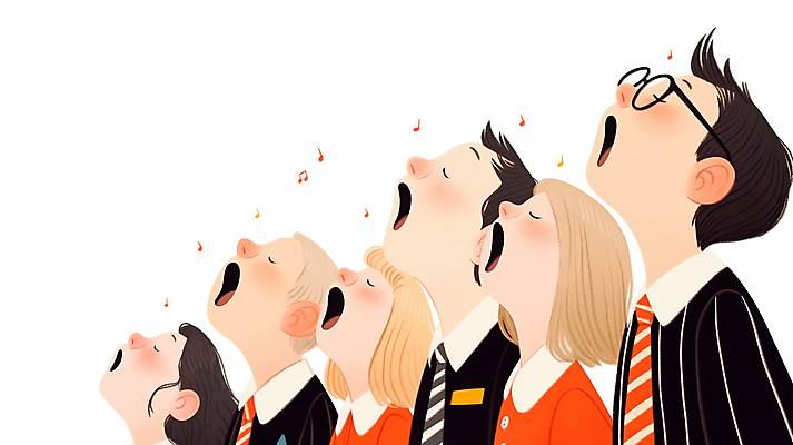 JPG 여자 남자 얼굴 음악 음표 일러스트 노래 넥타이 입벌림 정장 여러명 성인 눈감음 고개들기 합창 하모니 합창단 성인만 안경낌 국내일러스트 AI일러스트 AI콘텐츠 기호 잡화 옷 안경 다수 모션 문화예술 표정 사람 신체부위 그룹 파일형식