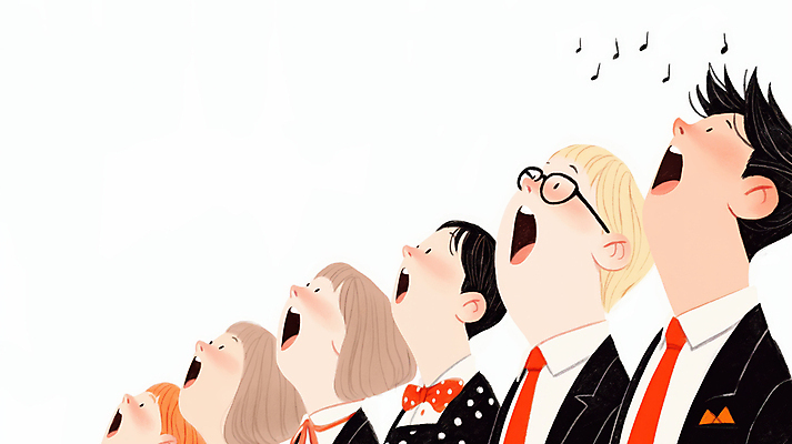 JPG 여자 남자 얼굴 음악 음표 일러스트 노래 넥타이 입벌림 정장 여러명 성인 고개들기 합창 하모니 합창단 성인만 안경낌 국내일러스트 AI일러스트 AI콘텐츠 기호 잡화 옷 안경 다수 모션 문화예술 표정 사람 신체부위 그룹 파일형식