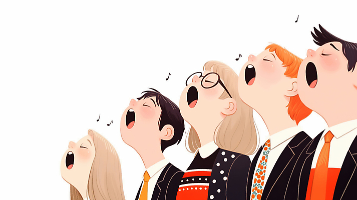 JPG 여자 남자 얼굴 음악 음표 일러스트 노래 넥타이 입벌림 정장 여러명 성인 눈감음 고개들기 합창 하모니 합창단 성인만 안경낌 국내일러스트 AI일러스트 AI콘텐츠 기호 잡화 옷 안경 다수 모션 문화예술 표정 사람 신체부위 그룹 파일형식