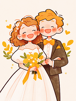 JPG 여자 남자 행복 신부 부케 웨딩드레스 신랑 결혼 잎 일러스트 결혼식 사랑 웃음 성인 두명 노란색 로맨틱 하트 성인만 얼굴맞대기 국내일러스트 AI일러스트 AI콘텐츠 모양 식물 드레스 감정 컬러 꽃다발 컨셉 모션 표정 사람 이벤트 파일형식