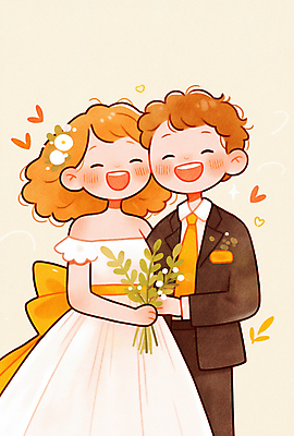 JPG 여자 남자 행복 리본 신부 부케 웨딩드레스 신랑 결혼 일러스트 결혼식 사랑 웃음 성인 두명 노란색 로맨틱 하트 성인만 얼굴맞대기 국내일러스트 AI일러스트 AI콘텐츠 모양 드레스 감정 컬러 꽃다발 컨셉 모션 표정 사람 이벤트 파일형식