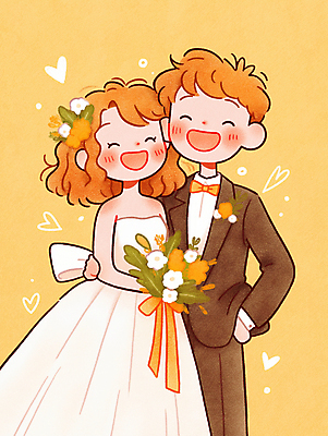 JPG 여자 남자 행복 신부 부케 웨딩드레스 신랑 결혼 일러스트 결혼식 사랑 웃음 성인 두명 노란색 로맨틱 하트 감싸기 성인만 얼굴맞대기 국내일러스트 AI일러스트 AI콘텐츠 모양 드레스 감정 컬러 꽃다발 컨셉 모션 표정 사람 이벤트 파일형식