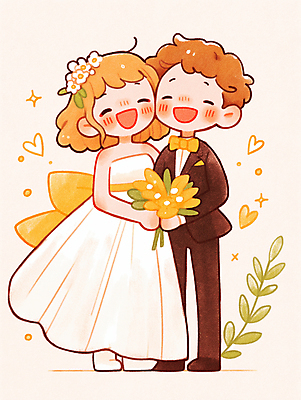 JPG 전신 여자 남자 행복 리본 신부 부케 웨딩드레스 신랑 결혼 잎 일러스트 결혼식 사랑 웃음 성인 두명 노란색 로맨틱 하트 성인만 얼굴맞대기 국내일러스트 AI일러스트 AI콘텐츠 모양 식물 드레스 감정 컬러 꽃다발 컨셉 모션 표정 사람 이벤트 파일형식