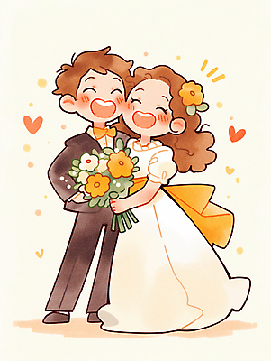 JPG 전신 여자 남자 행복 신부 부케 웨딩드레스 신랑 결혼 일러스트 결혼식 사랑 웃음 성인 두명 노란색 로맨틱 하트 감싸기 성인만 얼굴맞대기 국내일러스트 AI일러스트 AI콘텐츠 모양 드레스 감정 컬러 꽃다발 컨셉 모션 표정 사람 이벤트 파일형식