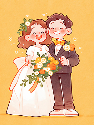 JPG 전신 여자 남자 행복 신부 부케 웨딩드레스 신랑 결혼 일러스트 결혼식 사랑 웃음 성인 두명 노란색 로맨틱 하트 감싸기 성인만 얼굴맞대기 국내일러스트 AI일러스트 AI콘텐츠 모양 드레스 감정 컬러 꽃다발 컨셉 모션 표정 사람 이벤트 파일형식