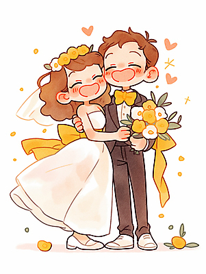 JPG 전신 여자 남자 행복 리본 신부 부케 웨딩드레스 신랑 결혼 일러스트 결혼식 사랑 웃음 성인 두명 노란색 화관 로맨틱 하트 감싸기 성인만 얼굴맞대기 국내일러스트 AI일러스트 AI콘텐츠 모양 드레스 꽃 감정 컬러 꽃다발 컨셉 모션 표정 사람 이벤트 파일형식