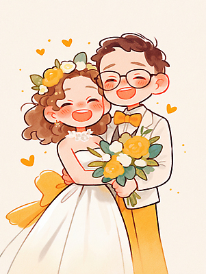 JPG 여자 남자 행복 신부 부케 웨딩드레스 신랑 결혼 일러스트 결혼식 사랑 웃음 성인 두명 노란색 화관 로맨틱 하트 감싸기 성인만 얼굴맞대기 안경낌 국내일러스트 AI일러스트 AI콘텐츠 모양 드레스 꽃 감정 안경 컬러 꽃다발 컨셉 모션 표정 사람 이벤트 파일형식