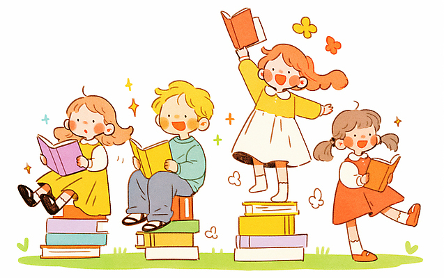 JPG 전신 여자 남자 어린이 일러스트 서기 웃음 들기 앉기 소녀 소년 여러명 반짝임 독서 읽기 활기 책더미 어린이만 국내일러스트 AI일러스트 AI콘텐츠 다수 컨셉 모션 표정 사람 책 무더기 파일형식