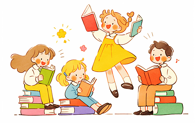 JPG 전신 여자 남자 어린이 일러스트 웃음 들기 앉기 소녀 소년 여러명 독서 점프 읽기 활기 책더미 어린이만 국내일러스트 AI일러스트 AI콘텐츠 다수 컨셉 모션 표정 사람 책 무더기 파일형식