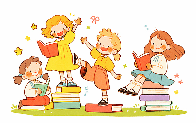 JPG 전신 여자 어린이 일러스트 서기 웃음 들기 앉기 소녀 여러명 반짝임 독서 손들기 읽기 활기 다리들기 책더미 소녀만 국내일러스트 AI일러스트 AI콘텐츠 다수 컨셉 모션 표정 사람 책 무더기 여자만 어린이만 파일형식