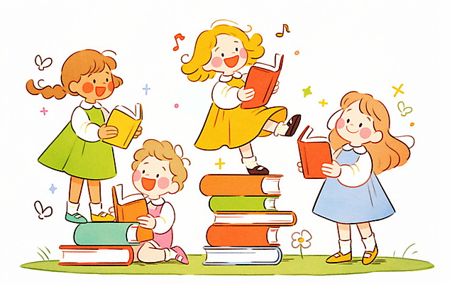 JPG 전신 여자 어린이 일러스트 서기 웃음 들기 앉기 소녀 여러명 반짝임 독서 읽기 활기 책더미 한발서기 소녀만 국내일러스트 AI일러스트 AI콘텐츠 다수 컨셉 모션 표정 사람 책 무더기 여자만 어린이만 파일형식
