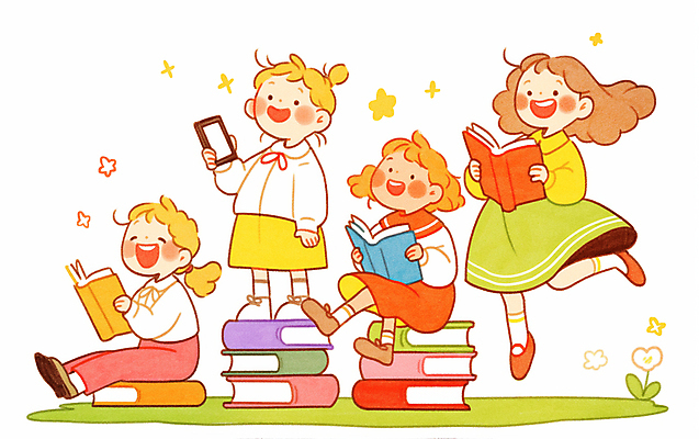 JPG 전신 여자 어린이 일러스트 서기 웃음 들기 앉기 소녀 여러명 반짝임 독서 점프 읽기 활기 책더미 소녀만 국내일러스트 AI일러스트 AI콘텐츠 다수 컨셉 모션 표정 사람 책 무더기 여자만 어린이만 파일형식