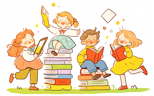 JPG 전신 여자 남자 어린이 일러스트 서기 웃음 들기 앉기 소녀 소년 여러명 반짝임 독서 읽기 활기 책더미 한발서기 어린이만 국내일러스트 AI일러스트 AI콘텐츠 다수 컨셉 모션 표정 사람 책 무더기 파일형식