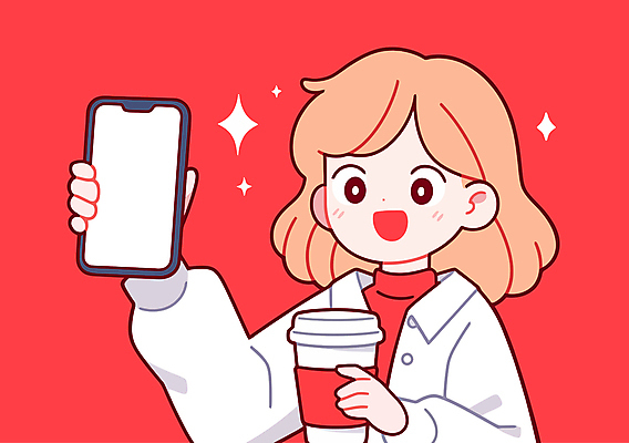 여자 음료 인물캐릭터 일러스트 한명 미소 들기 상반신 성인 빨간색 반짝임 스마트폰 보여주기 테이크아웃컵 성인여자한명만 카피스페이스 국내일러스트 일러캐릭터 AI파일 캐릭터 1 컬러 모션 표정 사람 컵 핸드폰 스마트기기 공백 여자한명만 성인여자만 파일형식 벡터