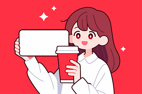여자 음료 인물캐릭터 일러스트 한명 미소 들기 상반신 성인 빨간색 반짝임 스마트폰 보여주기 테이크아웃컵 성인여자한명만 카피스페이스 국내일러스트 일러캐릭터 AI파일 캐릭터 1 컬러 모션 표정 사람 컵 핸드폰 스마트기기 공백 여자한명만 성인여자만 파일형식 벡터