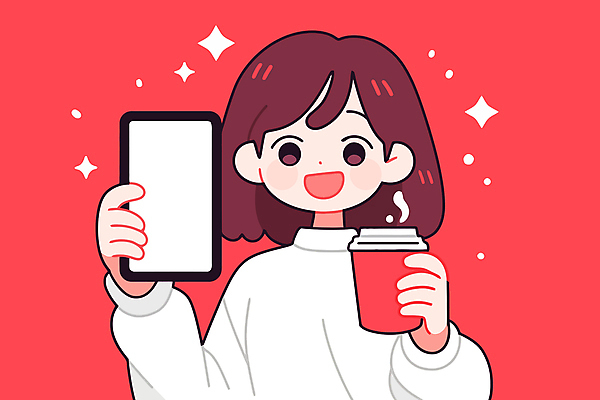 여자 음료 인물캐릭터 일러스트 한명 미소 들기 상반신 성인 빨간색 반짝임 스마트폰 보여주기 테이크아웃컵 성인여자한명만 카피스페이스 국내일러스트 일러캐릭터 AI파일 캐릭터 1 컬러 모션 표정 사람 컵 핸드폰 스마트기기 공백 여자한명만 성인여자만 파일형식 벡터