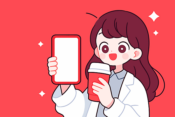 여자 음료 인물캐릭터 일러스트 한명 들기 상반신 성인 빨간색 반짝임 스마트폰 보여주기 테이크아웃컵 성인여자한명만 카피스페이스 국내일러스트 일러캐릭터 AI파일 캐릭터 1 컬러 모션 사람 컵 핸드폰 스마트기기 공백 여자한명만 성인여자만 파일형식 벡터