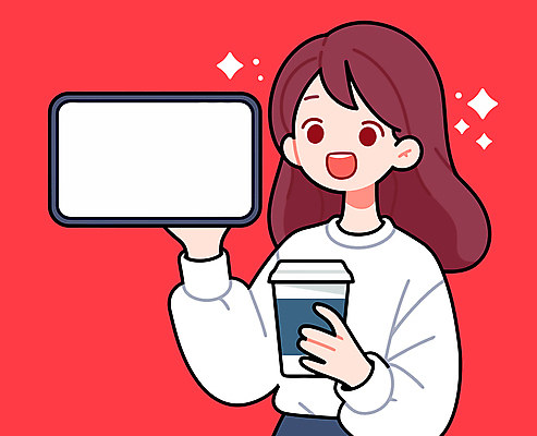 여자 음료 인물캐릭터 일러스트 한명 들기 상반신 성인 빨간색 반짝임 스마트폰 보여주기 테이크아웃컵 성인여자한명만 카피스페이스 국내일러스트 일러캐릭터 AI파일 캐릭터 1 컬러 모션 사람 컵 핸드폰 스마트기기 공백 여자한명만 성인여자만 파일형식 벡터