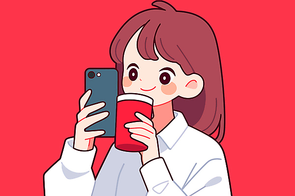 여자 음료 인물캐릭터 포즈 일러스트 한명 들기 상반신 성인 컵 빨간색 스마트폰 성인여자한명만 카피스페이스 국내일러스트 일러캐릭터 AI파일 캐릭터 1 식기 컬러 모션 사람 핸드폰 스마트기기 공백 여자한명만 성인여자만 파일형식 벡터