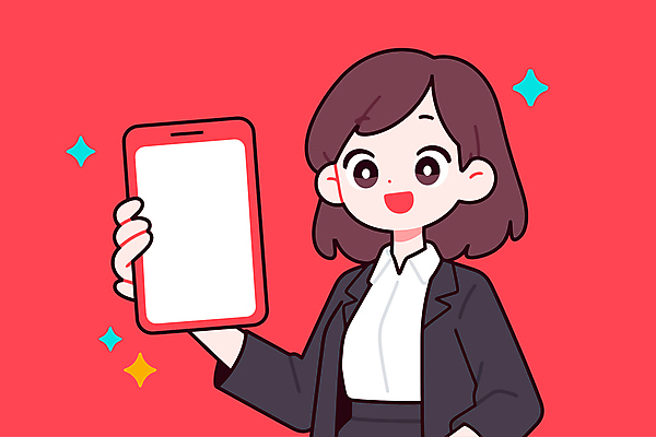 여자 인물캐릭터 일러스트 비즈니스 한명 들기 정장 상반신 성인 빨간색 반짝임 스마트폰 보여주기 성인여자한명만 카피스페이스 국내일러스트 일러캐릭터 AI파일 캐릭터 1 옷 컬러 모션 사람 핸드폰 스마트기기 공백 여자한명만 성인여자만 파일형식 벡터