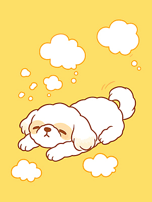 반려견 엎드리기 일러스트 휴식 사람없음 노란색 평화 귀여움 꿈 흰색 잠 강아지 시츄 개캐릭터 구름모양 국내일러스트 AI파일 모양 컬러 동물캐릭터 컨셉 모션 반려동물 개 파일형식 벡터 구름_자연