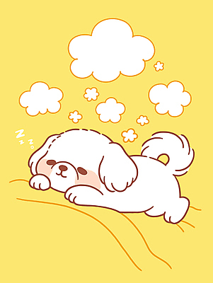 별 반려견 엎드리기 일러스트 휴식 사람없음 노란색 평화 귀여움 꿈 흰색 잠 강아지 시츄 개캐릭터 구름모양 국내일러스트 AI파일 자연요소 모양 컬러 동물캐릭터 컨셉 모션 반려동물 개 파일형식 벡터 구름_자연