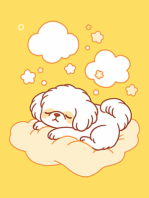 별 반려견 엎드리기 일러스트 휴식 사람없음 노란색 평화 귀여움 꿈 흰색 잠 강아지 시츄 개캐릭터 구름모양 국내일러스트 AI파일 자연요소 모양 컬러 동물캐릭터 컨셉 모션 반려동물 개 파일형식 벡터 구름_자연